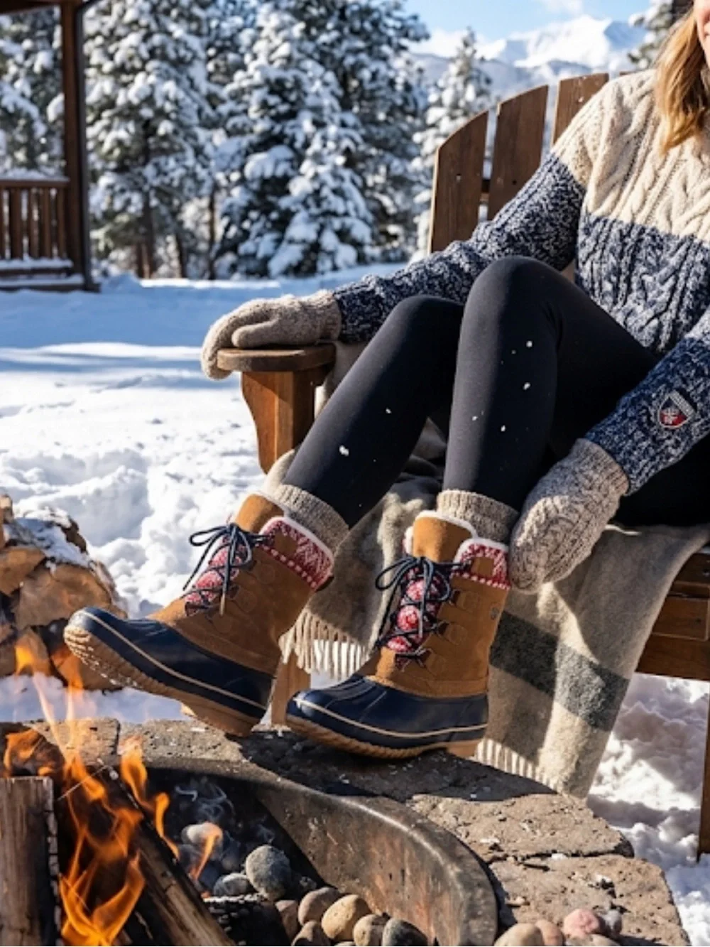 KHOMBU Sherpa Lined Duck Boots Sweater Print Lace Up Boots